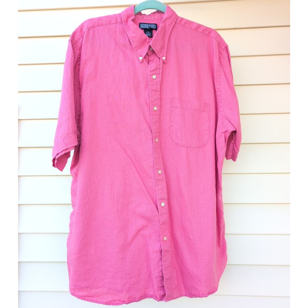 Vtg Land's End 100% Linen Coastal Cowboy Salmon Button Up Men's XL